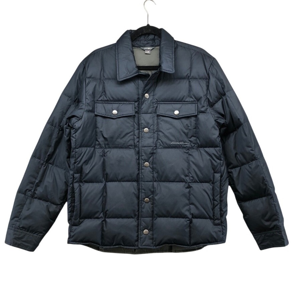 Eddie Bauer Puffer Jacket Mens Medium Navy Blue Quilted Down Snap Front Gorpcore